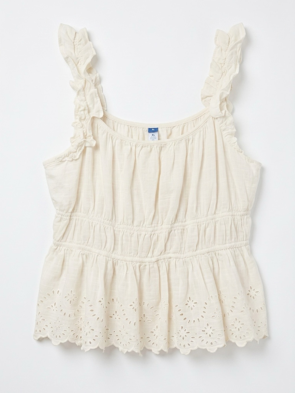 Old Navy White Eyelet Ruffle Strap Smocked Peplum Tank Top Blouse XL Linen Blend